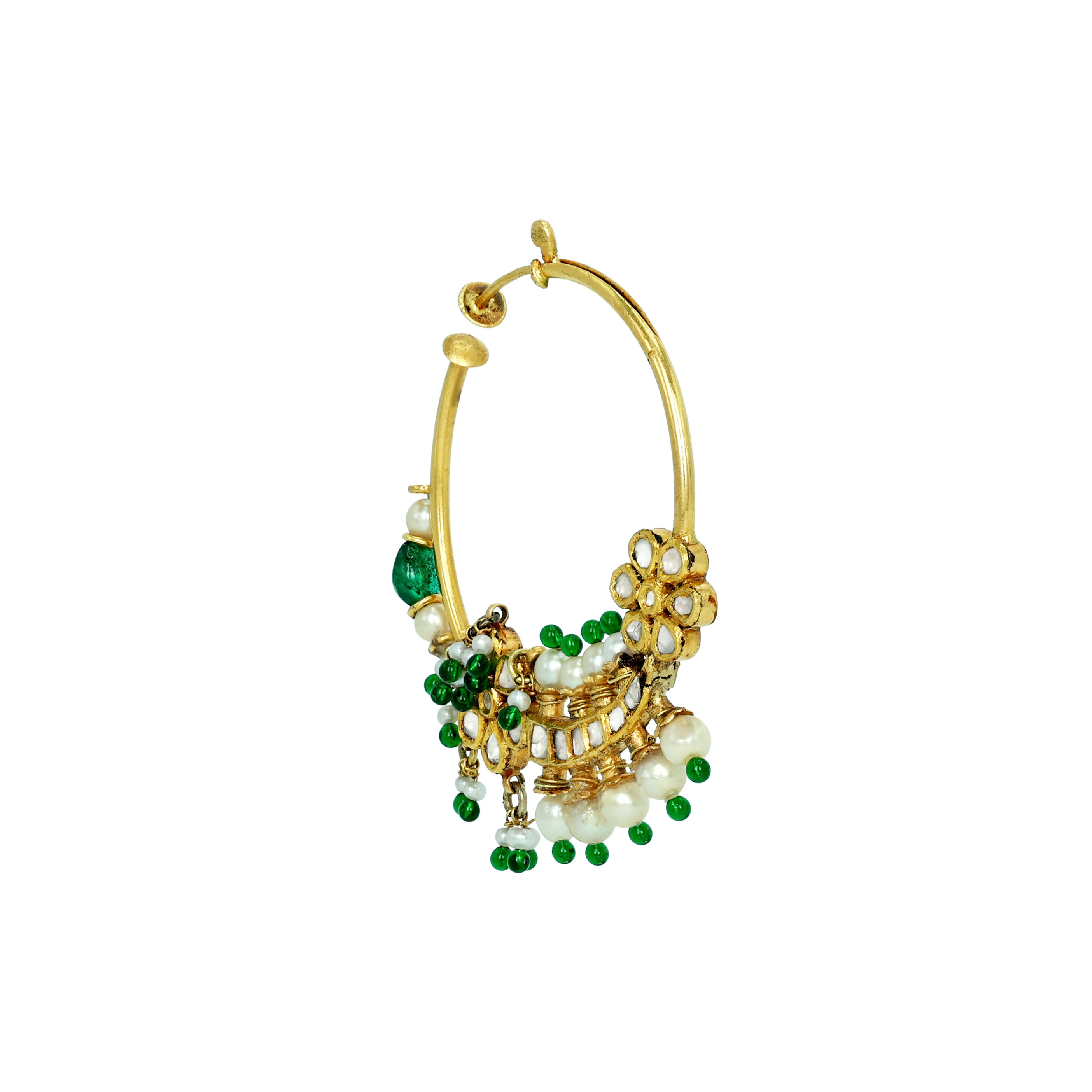 Polki Hoop Nath with Pearls, Emerald Beads, and Foral Motifs